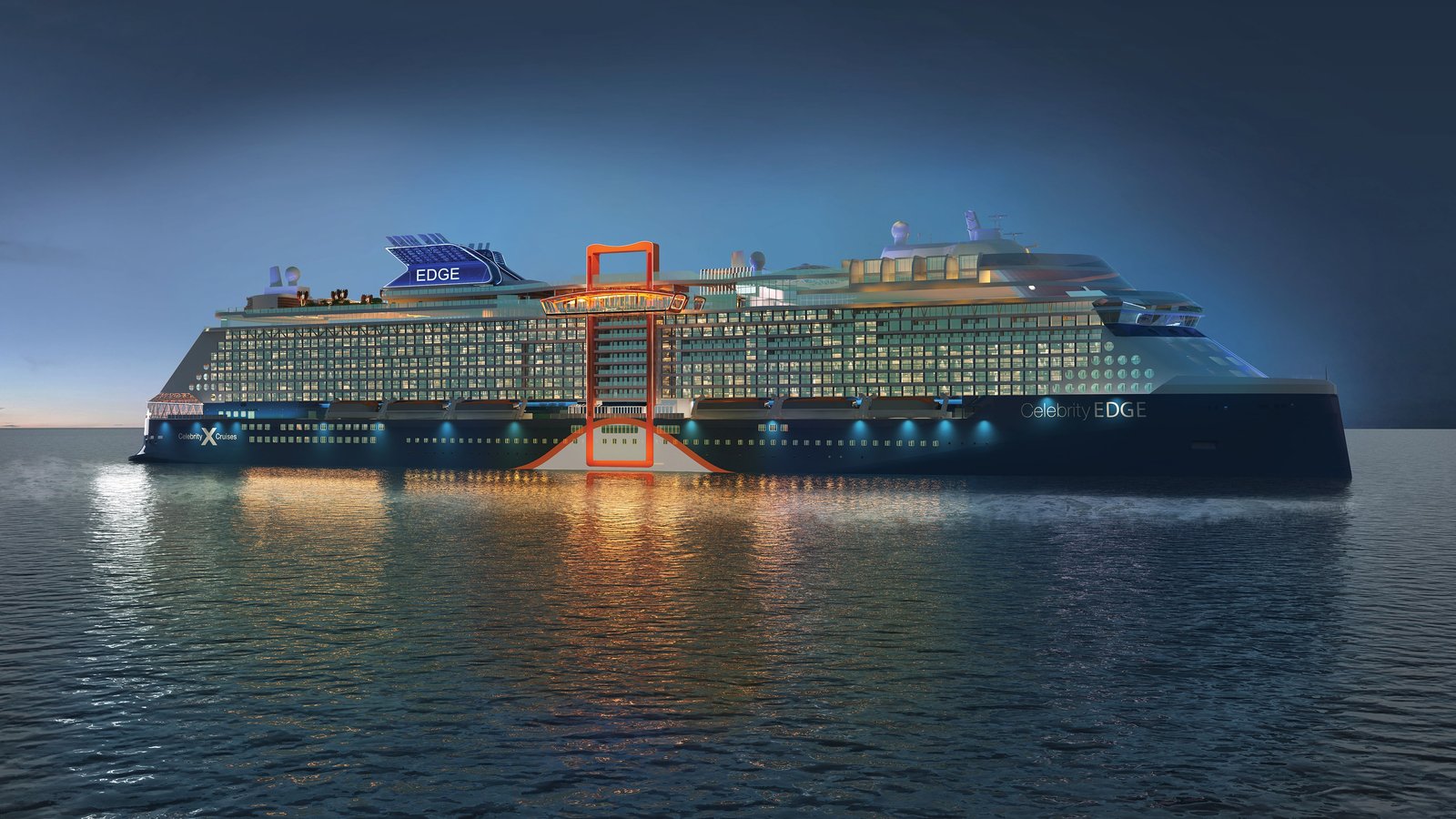 The Celebrity Edge cruise ship seen from the pier, its Magic Carpet platform cantilevered on the hull